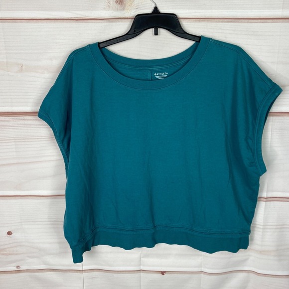 Athleta Tops - Athleta Top Womens 1X Green Sundown Shirred T-Shirt Short Sleeve Solid Knit